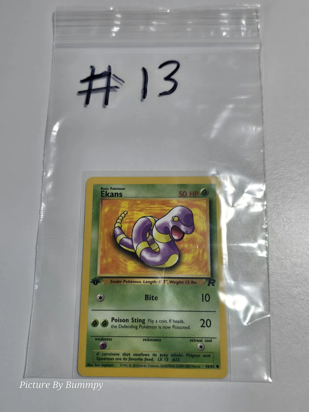 #13 Pokemon 1st Edition Ekans card from the 2000 Team Rocket expansion, #56/82.